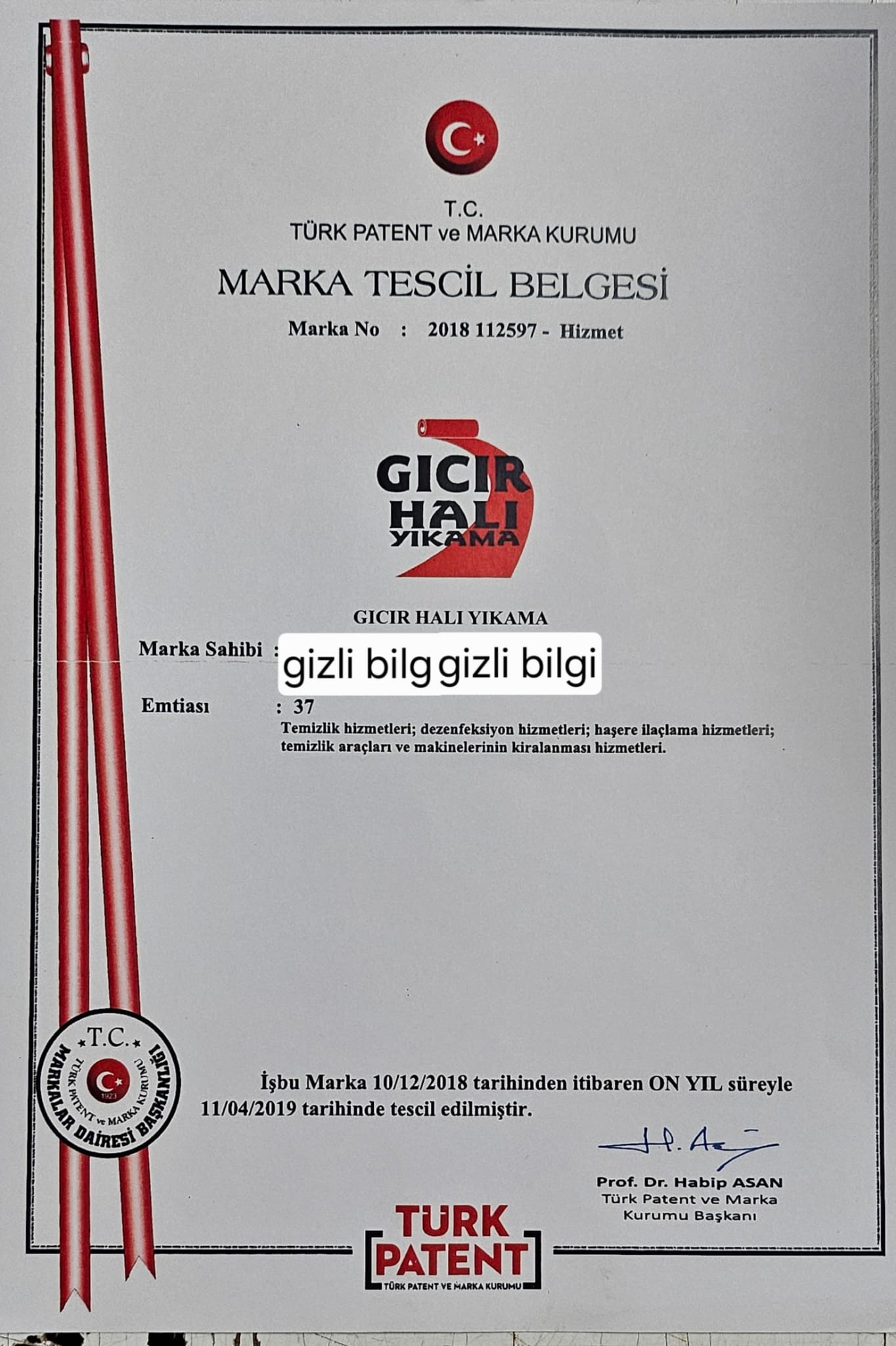 Gıcır Halı Yıkama Marka Tescil Belgesi